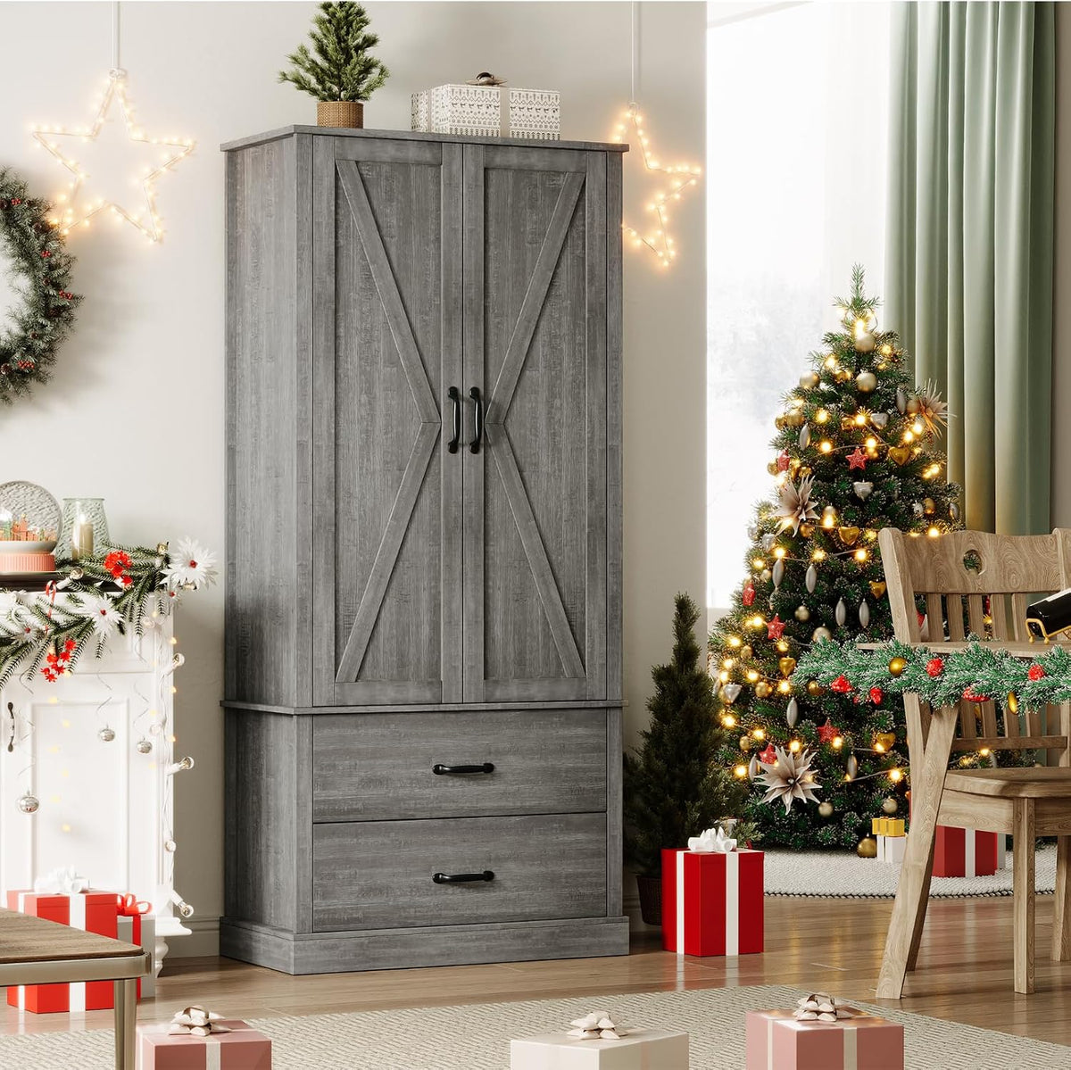 65" Tall Kitchen Pantry Cabinet with Barn Doors, Drawers & Adjustable Shelf, Farmhouse Storage Cabinet with Doors and Shelves for Kitchen Pantry Storage Cabinet, Dining Room, Laundry & Entryway, Grey