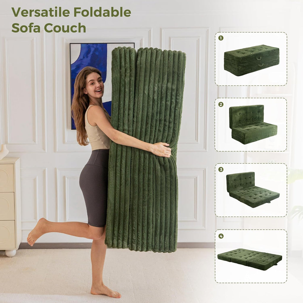 MAXYOYO Floor Sofa Couch, 6 Inch Tri-Fold Floor Sofa Bed, Folding Mattress with Handles, Soft Faux Fur Folding Bed with Supportive Foam Filling, Portable Couch for Living Room, Full, Dark Green