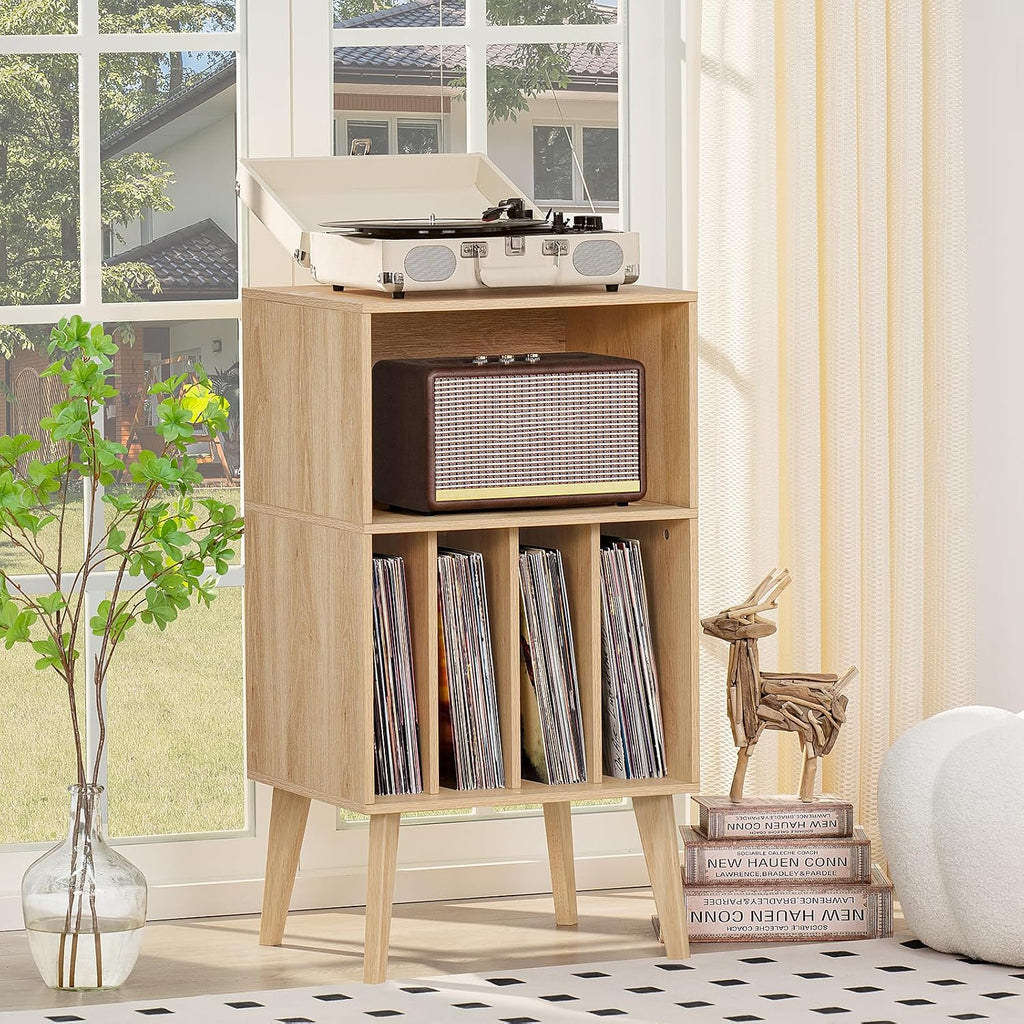 Lerliuo Record Player Stand, Turntable Stand Holds up to 160 Albums | Mid-Century Vinyl Storage Cabinet Table,Solid Wood Legs, Record Player Holder Dispaly Shelf for Living Room,Burlywood