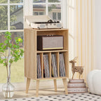 Lerliuo Record Player Stand, Turntable Stand Holds up to 160 Albums | Mid-Century Vinyl Storage Cabinet Table,Solid Wood Legs, Record Player Holder Dispaly Shelf for Living Room,Burlywood