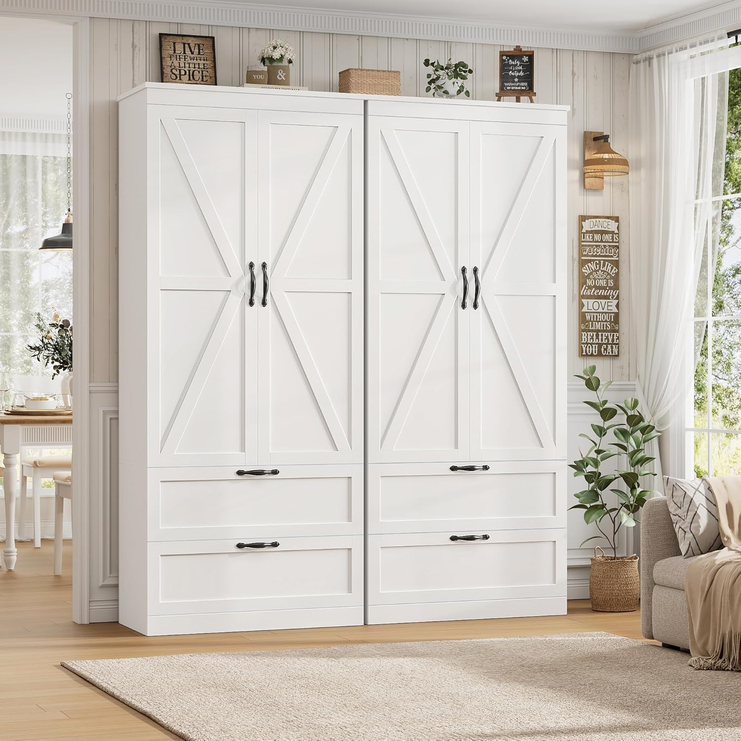 HOSTACK 70" Kitchen Pantry Storage Cabinet, Farmhouse Pantry Cabinet, White | Large Food Kitchen Pantry with 2 Wide Drawers & Adjustable Shelf, Tall Snack Cabinet with Doors, Dining Room, Living Room