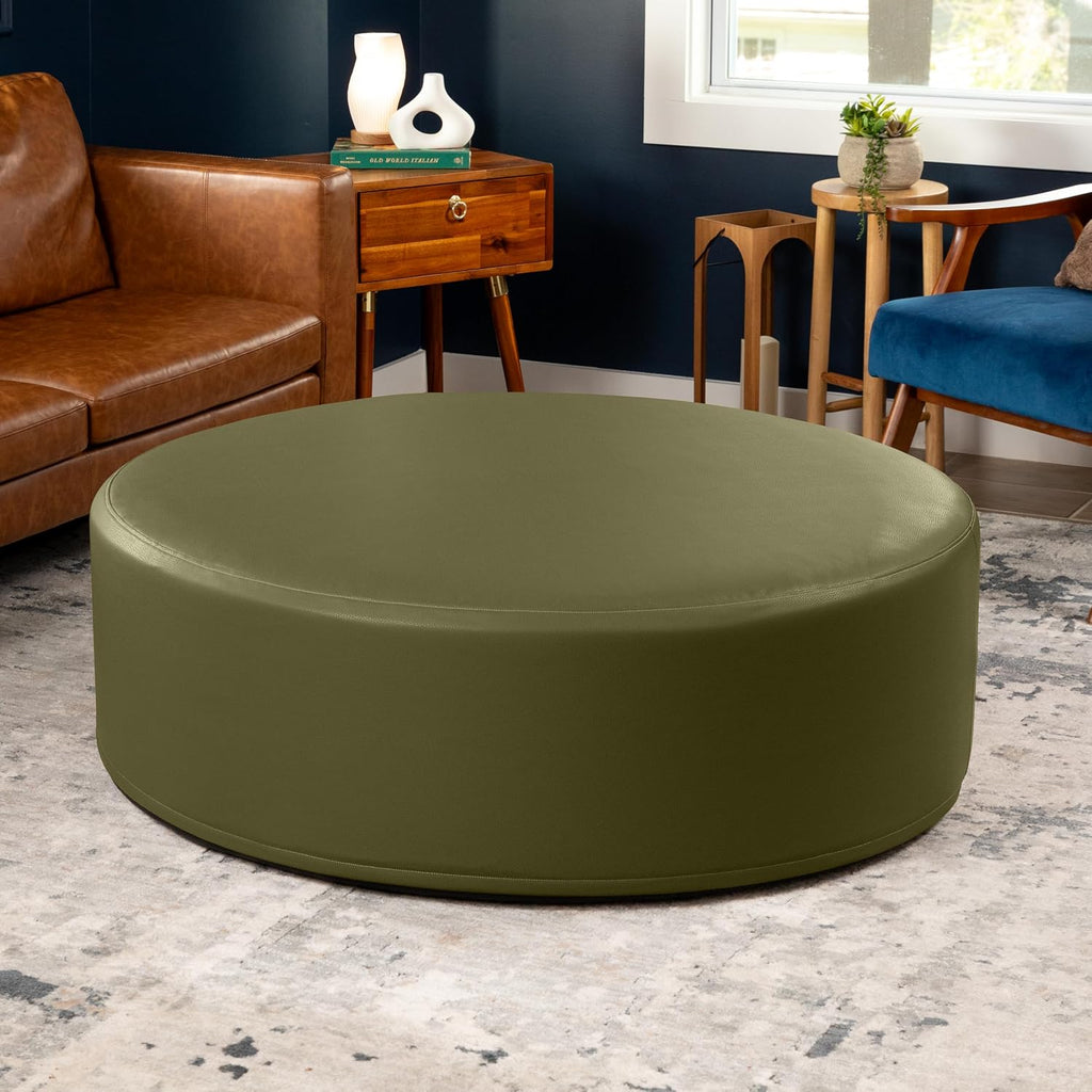 Jaxx Candler Round Couch Ottoman – Oversized Giant Coffee Table Ottoman - Versatile Firm Foam Construction - Kid Safe with Removable Cover, 44”, Premium Faux Leather, Olive Green
