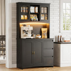 Garvee Kitchen Pantry Cabinet with LED Lights & Charging Station, 71" Tall Kitchen Hutch Storage Cabinet with Countertop, 3 Drawers, 4 Doors, Adjustable Shelves for Dining Room, Black