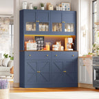 FINETONES 71" Pantry Cabinet with LED Light and Charging Station | Farmhouse Kitchen Pantry Cabinet with Microwave Stand, 47.2" Wide Kitchen Hutch Food Pantry with Open Countertop, Blue