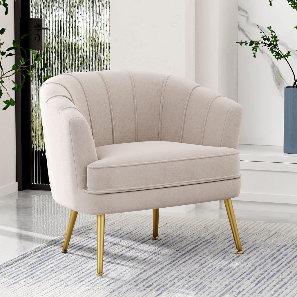 Andeworld Velvet Accent Chair, Barrel Armchair, Beige