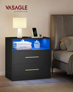 VASAGLE CUSTOS Collection Nightstand with Charging Station, 23.6 Inch | LED Lights, Modern Night Stand, Side End Table with Drawers, Open Shelf, 2 AC Outlets USB Ports, Ink Black ULET639BC01S