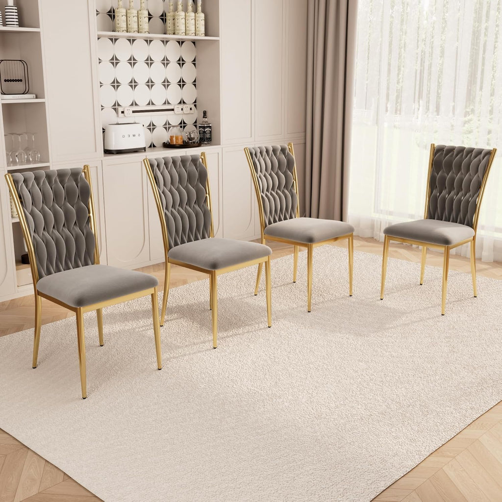 Velvet Dining Chairs Set of 4, Modern Woven Kitchen Chairs with Gold Metal Legs, Upholstered Cushion with High Back, Dirt Resistance, Easy to Install, for Living Room, Dining Room - Dark Grey