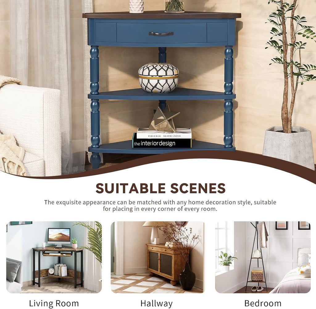 33.86" Corner Table, Wood 3 Tier Triangle Side Table Corner Shelf Stand with Solid Wood Legs 1 Drawer & 2 Storage Shelves for Living Room Small Space (Navy Blue)