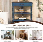 33.86" Corner Table, Wood 3 Tier Triangle Side Table Corner Shelf Stand with Solid Wood Legs 1 Drawer & 2 Storage Shelves for Living Room Small Space (Navy Blue)