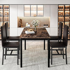Recaceik 5-Piece Dining Table Set for 4, Faux Marble Kitchen Table Chairs Set of 4, Kitchen Table Set with 4 Upholstered PU Leather Chairs for Dining Room, Living Room, Apartment, Small Spaces, Brown