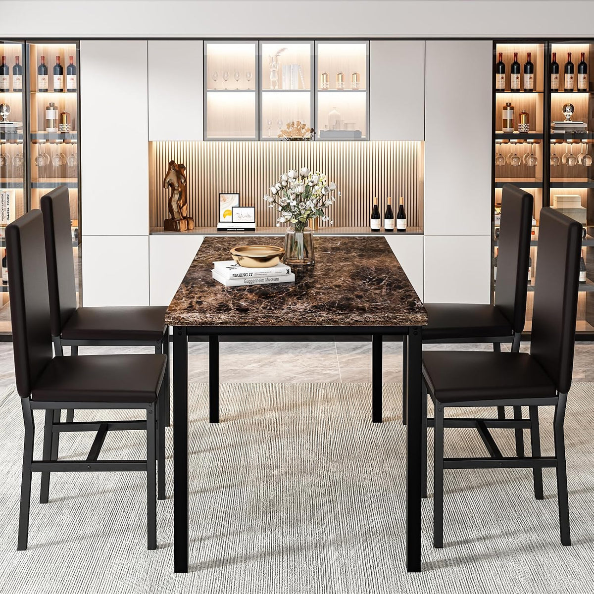 Recaceik 5-Piece Dining Table Set for 4, Faux Marble Kitchen Table Chairs Set of 4, Kitchen Table Set with 4 Upholstered PU Leather Chairs for Dining Room, Living Room, Apartment, Small Spaces, Brown