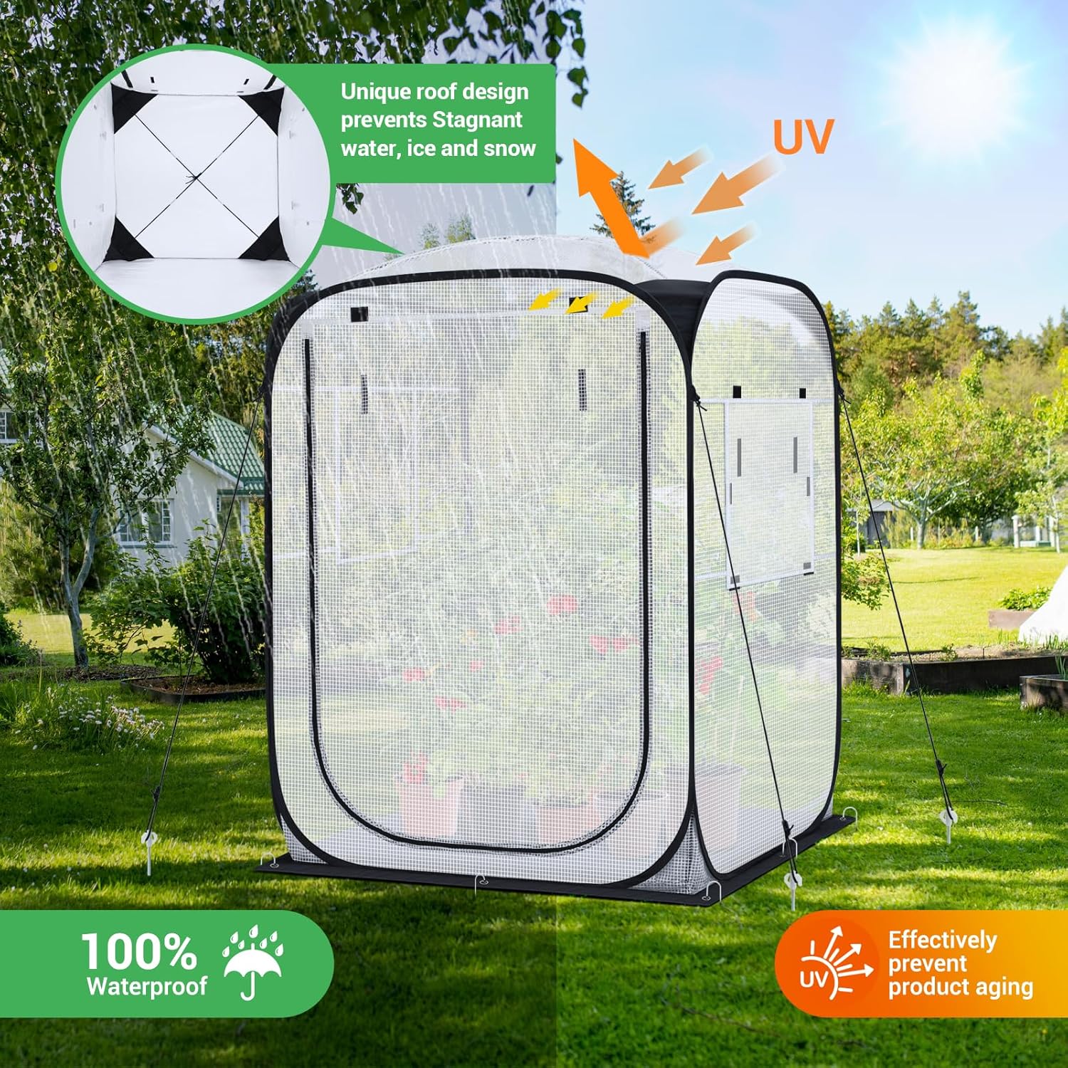 Ohuhu Pop Up House - Fast Set-up Small Greenhouse Walk in Portable Greenhouses Indoor Outdoor with Removable PE Mat & Mesh Window for Protecting Plant from Cold Frost & Birds 48 x 48 x 63.7''