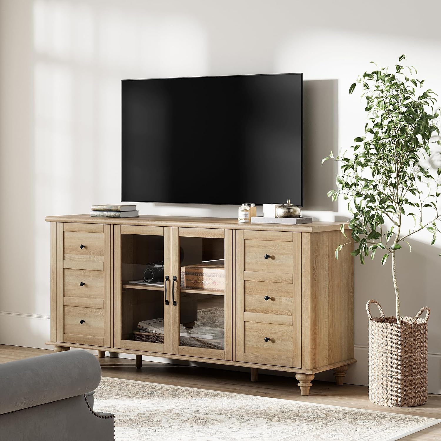 WAMPAT Farmhouse Sideboard Buffet Cabinet with Glass Door & Adjustable Shelf, Wooden Coffee Bar Table with Solid Wood Leg, Kitchen Storage Cabinet for Dining Room, Oak, 58 Inch