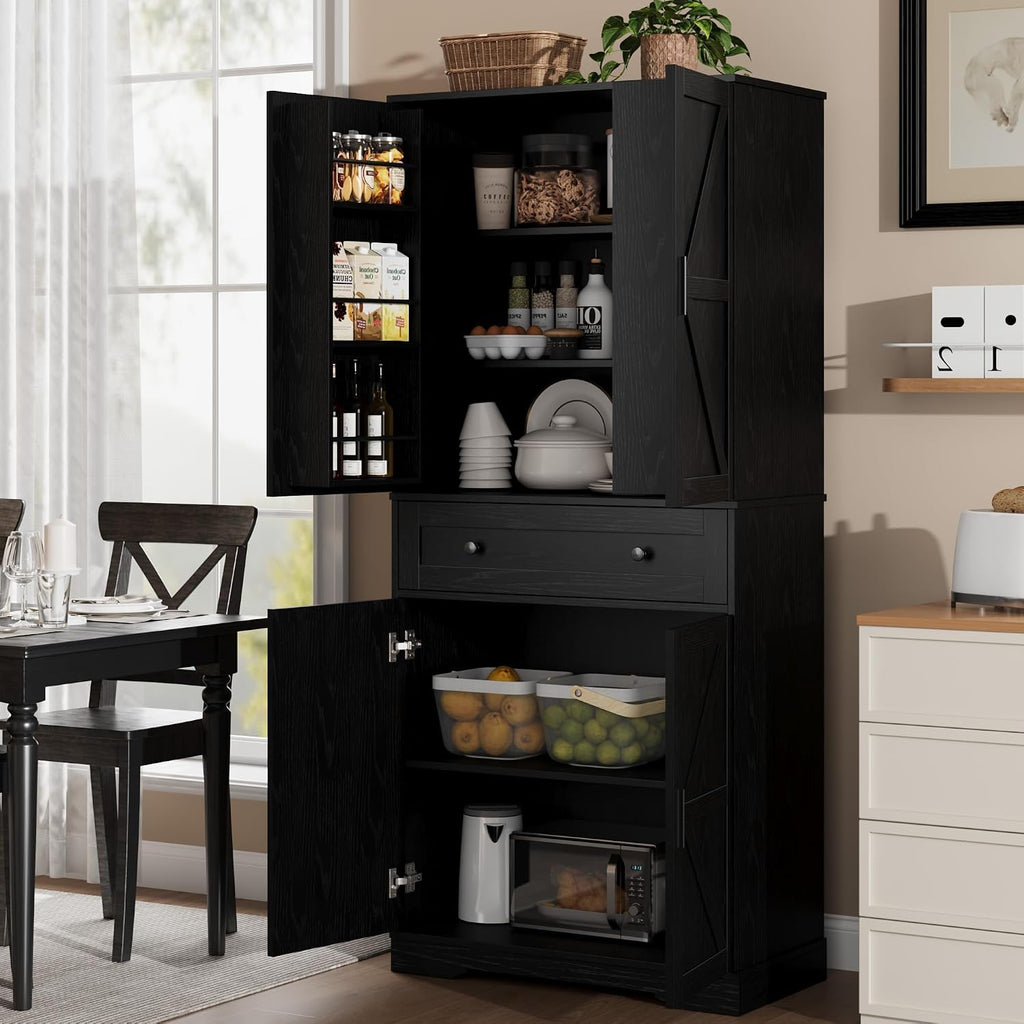 Garvee 71" Kitchen Pantry Cabinet, Barn Door Freestanding Cupboard with Drawer, Sliding Storage Rack, and 6 Hanging Shelves for Kitchen, Dining Room, Living Room Bedroom