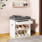 YMYNY Small Shoe Storage Bench with Cushion and Drawer, 2 Tier Adjustable Entryway Bench with Storage, Wooden Shoe Rack Bench for Entryway, Living Room, Hallway, Closet, Bedroom, White, HSC002W