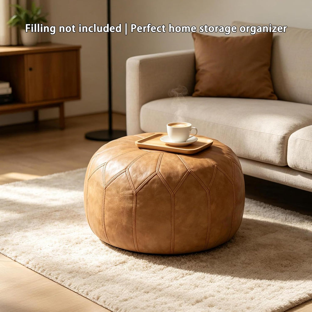 Thgonwid Unstuffed Moroccan Faux Leather Pouf Ottoman Cover with Storage - Boho Chic Multi-Use Footrest for Living Room, Bedroom, Patio - Round Ethnic Floor Cushion & Decorative Accent, Khaki