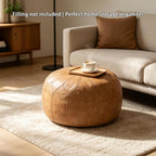 Thgonwid Unstuffed Moroccan Faux Leather Pouf Ottoman Cover with Storage - Boho Chic Multi-Use Footrest for Living Room, Bedroom, Patio - Round Ethnic Floor Cushion & Decorative Accent, Khaki