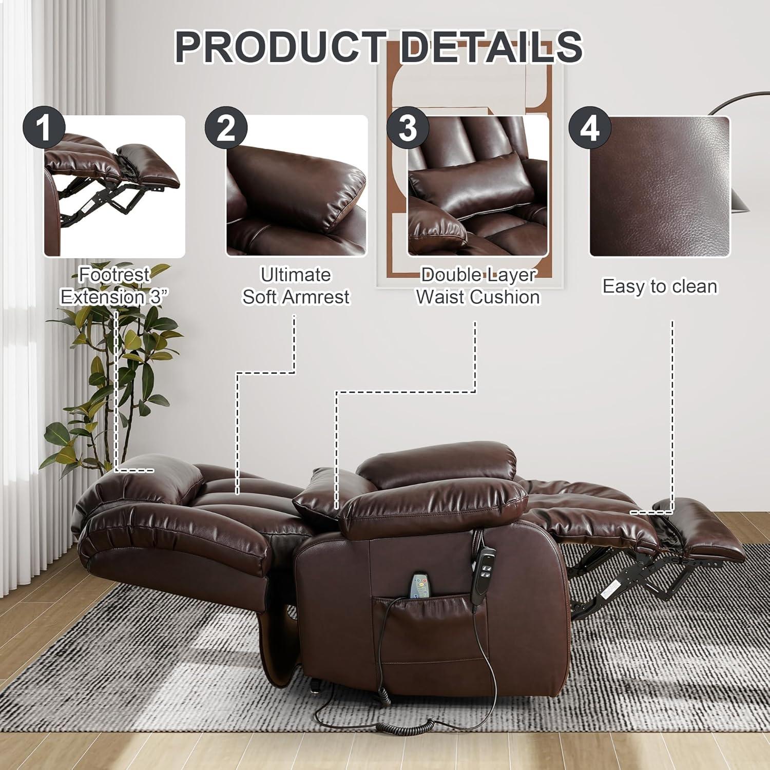 EDILLY XL Large Genuine Leather Lift Chair Recliner for Elderly, Dual Motor with Massage and Heating,with Double Lumbar Cushion and Extended Footrest,USB Port and Remote,Seat Width 26"(Brown)