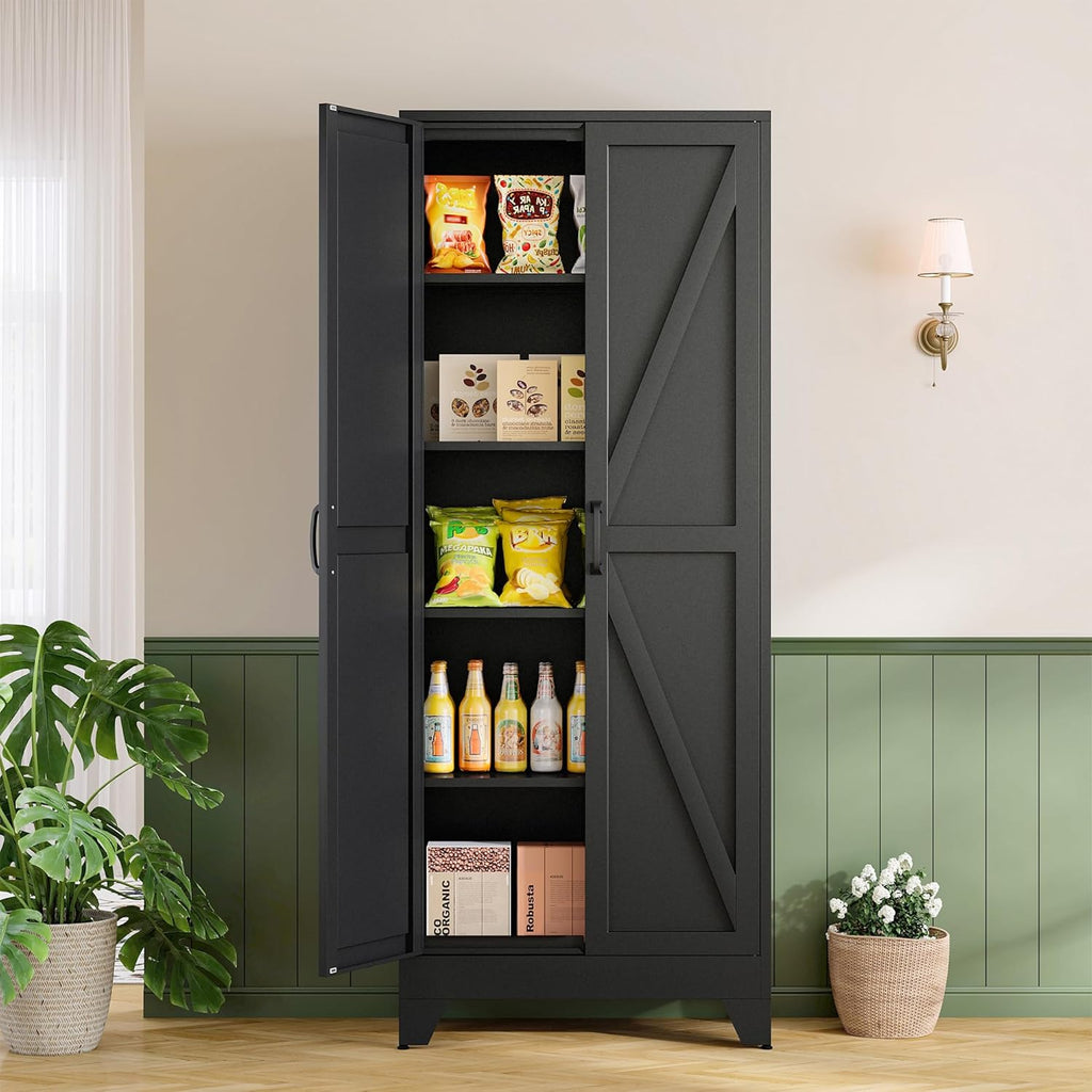 RAVIGIN Farmhouse Storage Cabinet,75" H Metal Pantry Cabinet with Barn Doors and Adjustable Shelves,75" H 6-Tier Rustic Pantry Organizers for Kitchen,Dining Room,Black
