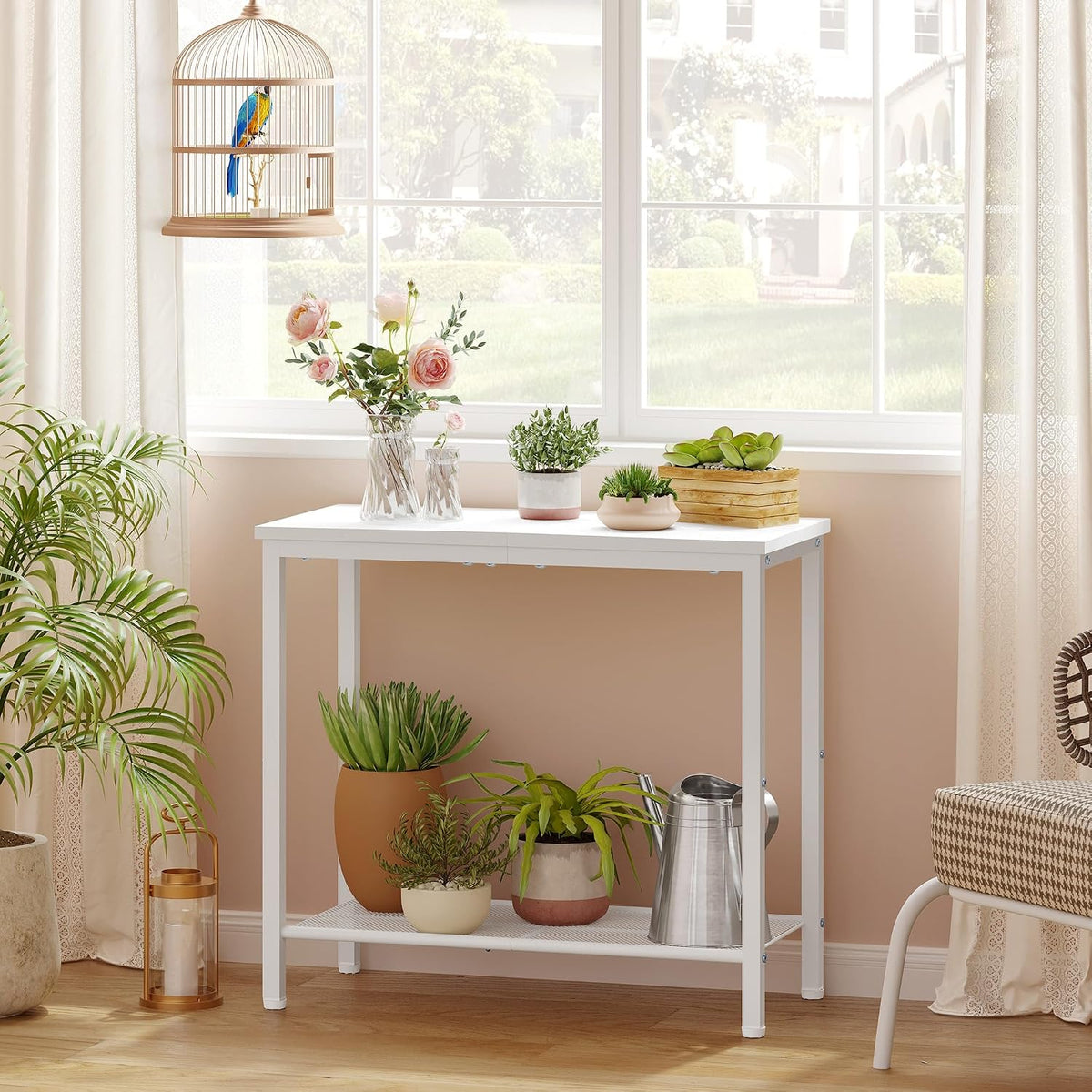 Hoctieon 2 Tier End Table, Sofa Side Table, Narrow Side Table with Storage, Slim Nightstand for Small Spaces, Metal Frame, for Living Room, Bedroom, Sofa Couch, Hall, White