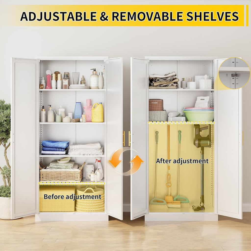 Metal Pantry Cabinet, 71"H x 28"W x 14"D Pantry Cabinets with 2 Doors and 4 Adjustable Shelves, Kitchen Pantry Storage Cabinets, Metal Storage Cabinet for Kitchen, Dining Room, Living Room-White