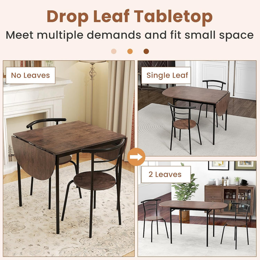 Giantex 3-Piece Dining Table Set for 2, 55-inches Drop Leaf Kitchen Table with Dining Chairs, Metal Frame, Space-Saving Breakfast Nook Set for Small Space, Dinner, Dinette, Apartment, Dorm Room