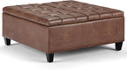 SIMPLIHOME Harrison 36" Wide Vegan Leather Lift Top Ottoman in Saddle Brown | Distressed saddle brown, transitional lift-top ottoman with hidden storage for living room; square footstool or coffee table.
