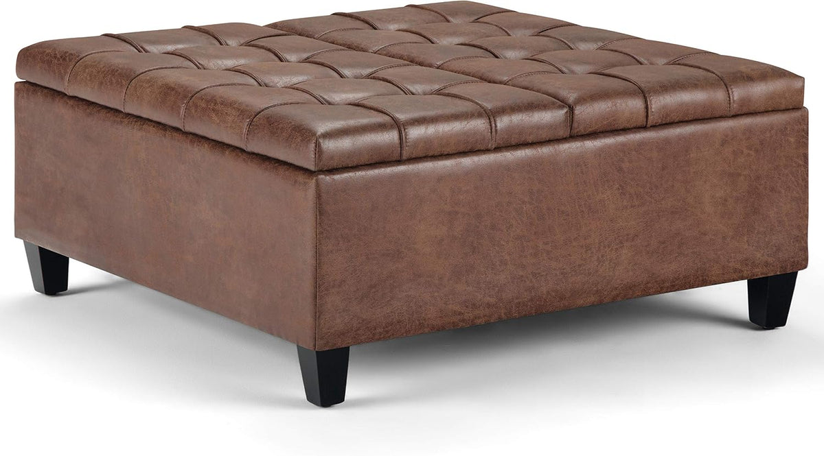 SIMPLIHOME Harrison 36" Wide Vegan Leather Lift Top Ottoman in Saddle Brown | Distressed saddle brown, transitional lift-top ottoman with hidden storage for living room; square footstool or coffee table.