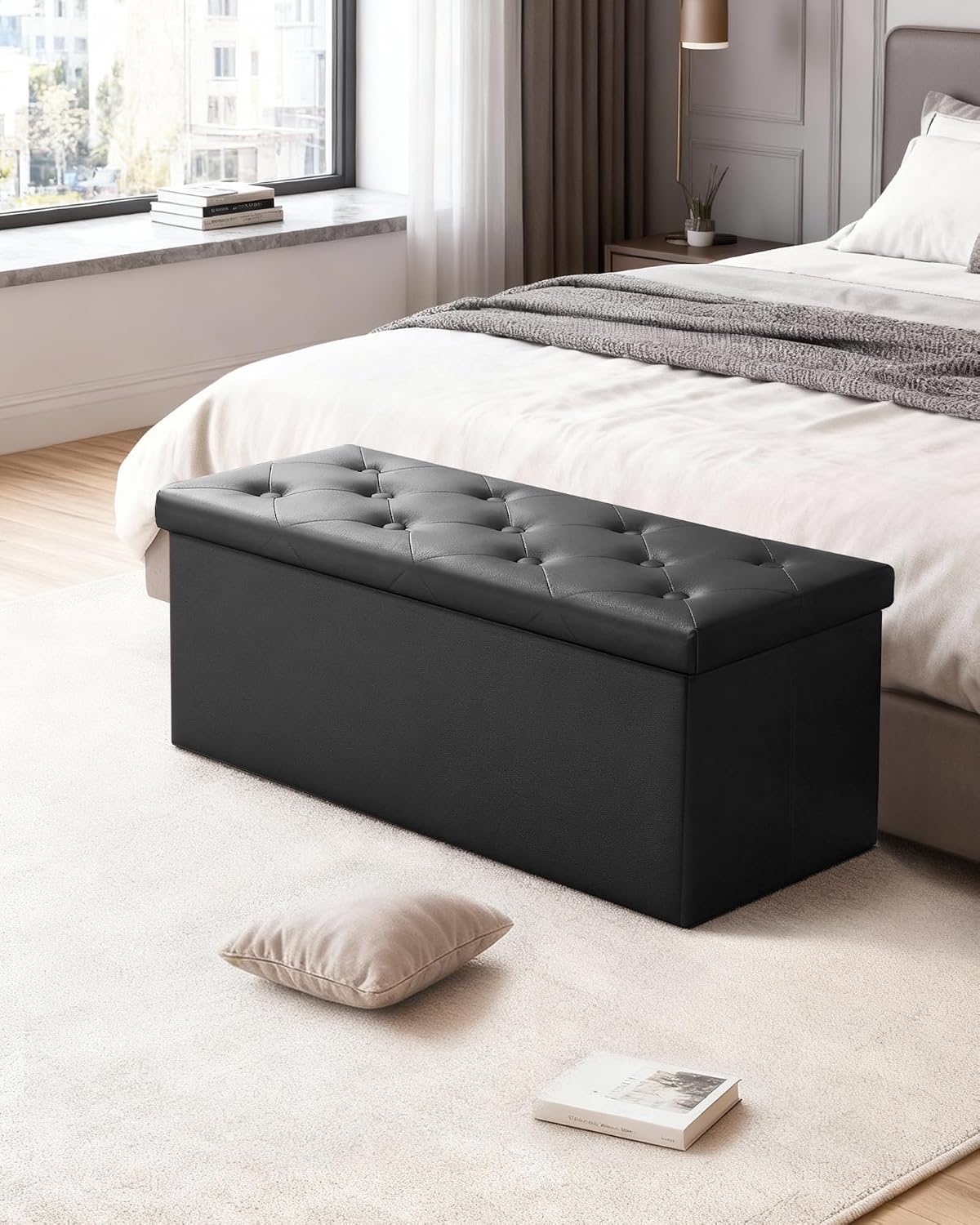 GLAXYFUR 43" Storage Ottoman Bench, Folding Ottoman with 2 Dividers, Black | End of Bed Bench, PU Leather Foot Rest, Storage Chest for Living Room, Bedroom and Entryway