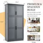 71" Tall Kitchen Pantry Cabinet, Freestanding Food Storage Pantry with 4 Doors, 8 Pull-Out Trays and Adjustable Shelves, Wood Storage Cupboard for Kitchen, Dining Room,Gray