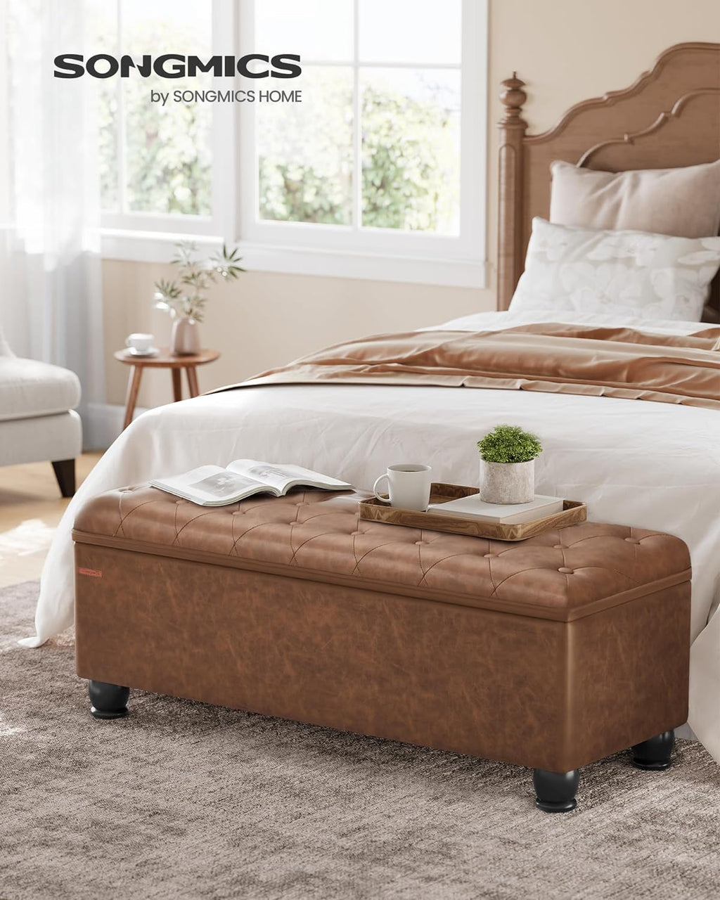 SONGMICS Storage Ottoman, 46.5 Inches Long Bed End Stool, Solid Wood Legs | Buttons Decoration, Non-Slip Foot Pads, 330.7 lb Load Capacity, Coffee Brown, MACEO Collection ULOM071K01