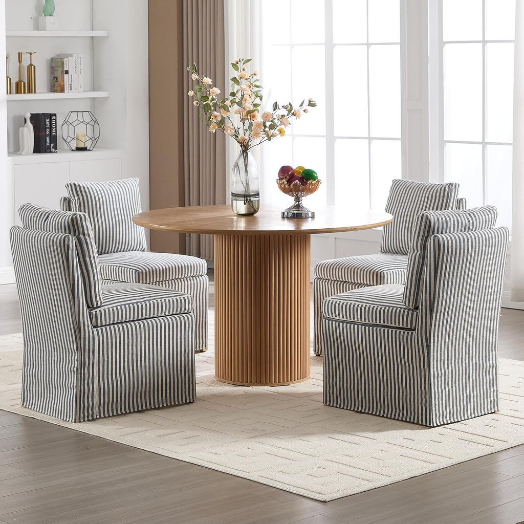 Kmax Slipcovered Dining Chairs Set of 4, Modern Upholstered Armless Kitchen Chair, Accent Single Sofa Chair for Diningroom Livingroom, Blue Stripe