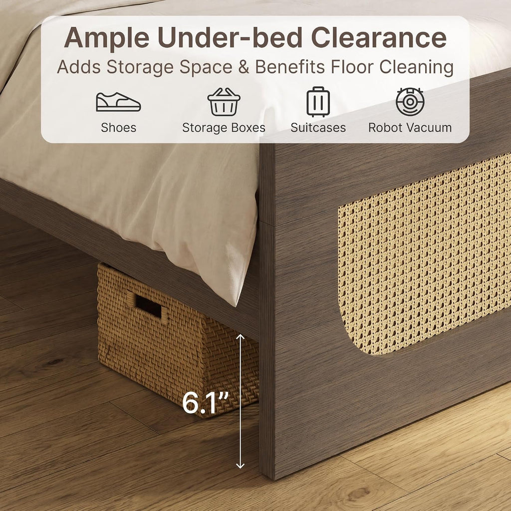 KISLOT Boho Rattan Bed Frame, Farmhouse Platform Bed Frame with Headboard and Footboard, Bedroom Furniture Solid Wood Support Mattress Foundation with Silent Slat Support No Box Spring Needed