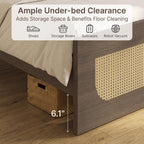 KISLOT Boho Rattan Bed Frame, Farmhouse Platform Bed Frame with Headboard and Footboard, Bedroom Furniture Solid Wood Support Mattress Foundation with Silent Slat Support No Box Spring Needed