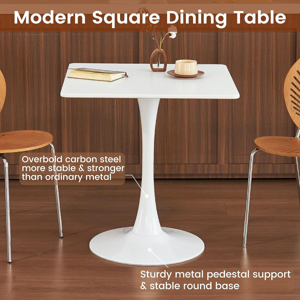 Square Dining Tulip Table for 4, Mid-Century Modern Table with Sturdy Metal Pedestal for Kitchen, Bistro, Cafe, Leisure (White, 27.6 INCH)