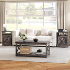 AMERLIFE 3 Piece Farmhouse Living Room Coffee Table Set, Dark Oak | Coffee Table & 2 End Tables with Charging Station and USB Ports, Farmhouse Style, Barn Door Design, Living Room Furniture
