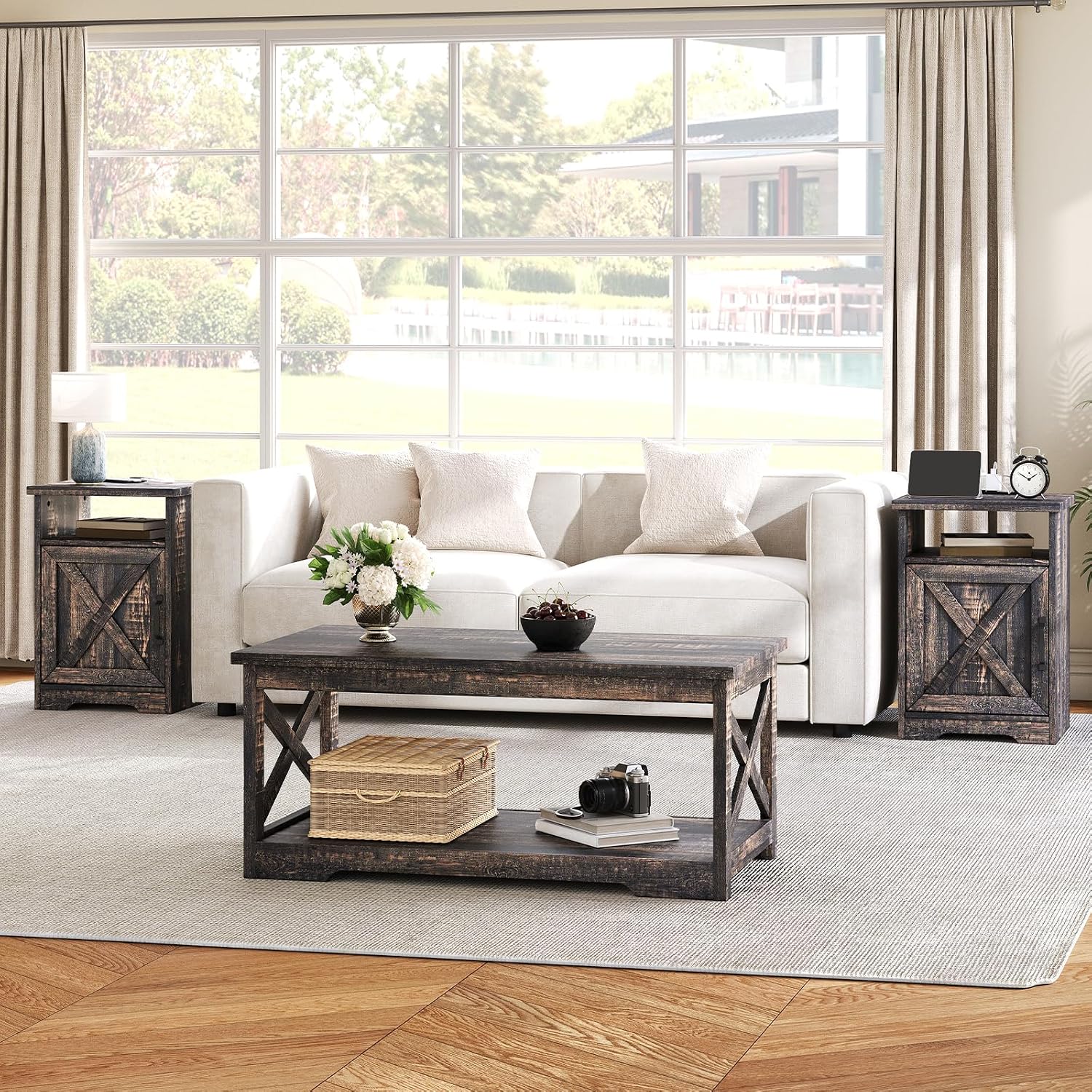 AMERLIFE 3 Piece Farmhouse Living Room Coffee Table Set, Dark Oak | Coffee Table & 2 End Tables with Charging Station and USB Ports, Farmhouse Style, Barn Door Design, Living Room Furniture