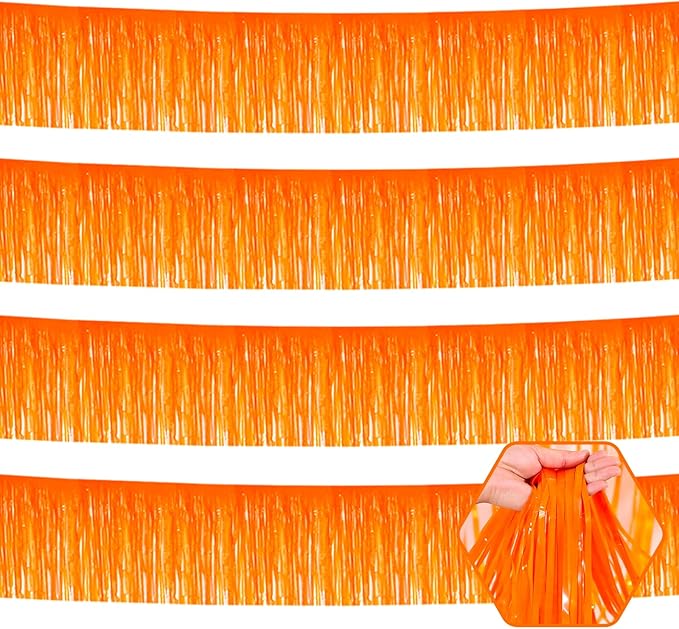 4 Pack 10 Feet Macaron Orange Foil Fringe Garland Metallic Tinsel Streamers Banner Wall Hanging Curtain Backdrop for Parade Floats, Wedding, Graduate, Mother's Day, Birthday Party Decoration
