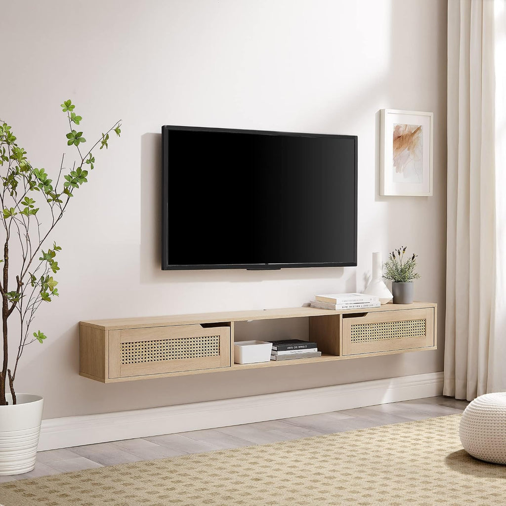 Walker Edison Destin Modern Rattan Flip-Down-Door Wall-Mounted Floating TV Stand for TVs up to 80 Inches, 70 Inch, Coastal Oak