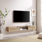 Walker Edison Destin Modern Rattan Flip-Down-Door Wall-Mounted Floating TV Stand for TVs up to 80 Inches, 70 Inch, Coastal Oak