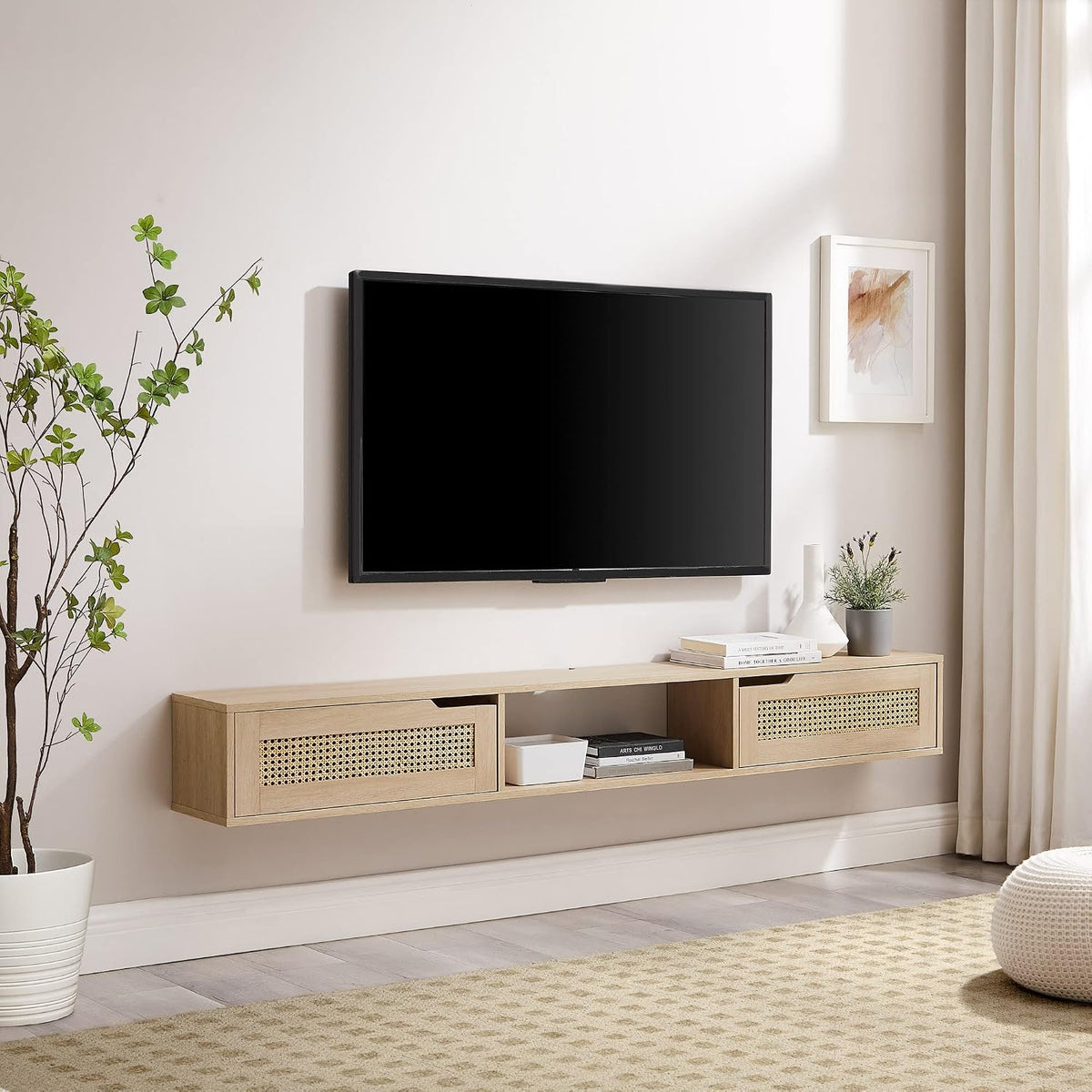 Walker Edison Destin Modern Rattan Flip-Down-Door Wall-Mounted Floating TV Stand for TVs up to 80 Inches, 70 Inch, Coastal Oak