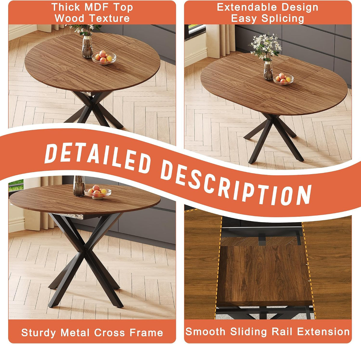 Round Dining Table Set for 6, 43-59" Extendable Dining Room Table Set, Walnut Wood Grain Table and 6 Black PU Leather Upholstered Chairs Set, Mid Century Modern Kitchen Table Set with Cross Legs