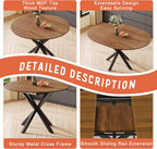 Round Dining Table Set for 6, 43-59" Extendable Dining Room Table Set, Walnut Wood Grain Table and 6 Dark Gray Linen Upholstered Chairs Set, Mid Century Modern Kitchen Table Set with Cross Legs
