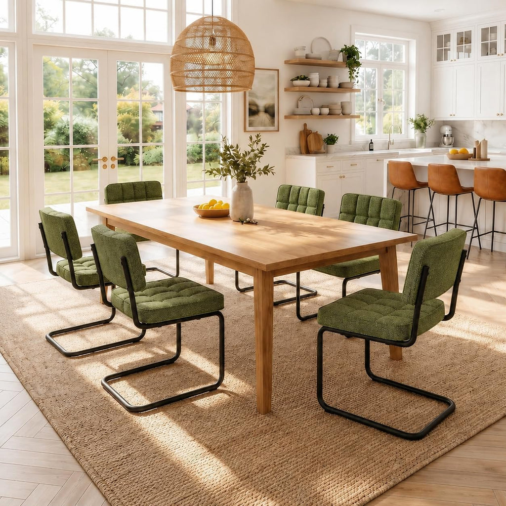 Mid-Century Modern Dining Chairs Set of 4 with Metal Legs, Green | Upholstered Chenille Cantilever Dining Chairs with Ergonomic Backrests, Armless Design, Padded Seats for Dining Room