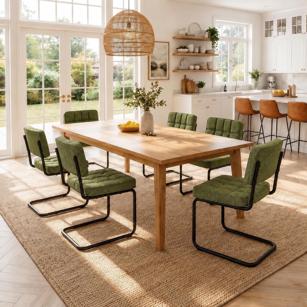 Mid-Century Modern Dining Chairs Set of 4 with Metal Legs, Green | Upholstered Chenille Cantilever Dining Chairs with Ergonomic Backrests, Armless Design, Padded Seats for Dining Room