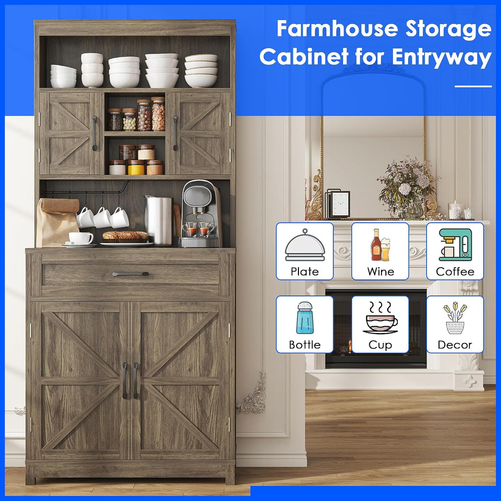 kepptory 69" Farmhouse Pantry Cabinet with Large Drawer, Tall Kitchen Pantry Storage Cabinet with Microwave Stand, Cup Holder and Adjustable Shelf, Kitchen Hutch for Dining Room (Grey)