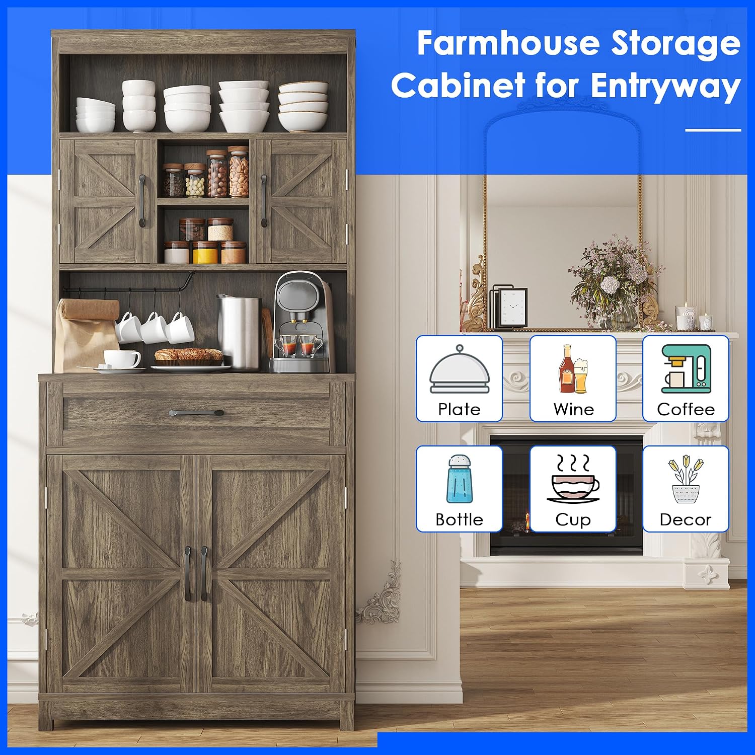 kepptory 69" Farmhouse Pantry Cabinet with Large Drawer, Tall Kitchen Pantry Storage Cabinet with Microwave Stand, Cup Holder and Adjustable Shelf, Kitchen Hutch for Dining Room (Grey)