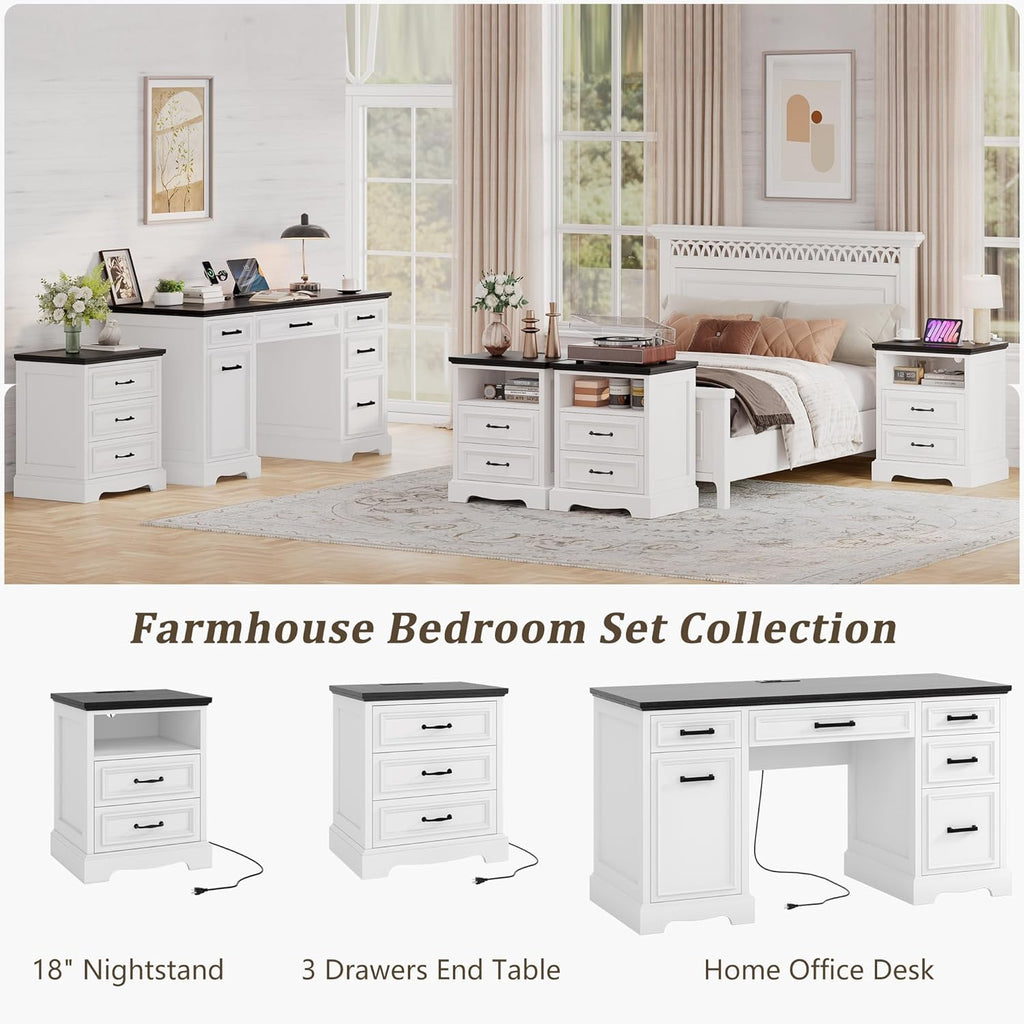 18" Farmhouse Nightstand Set of 2 with Charging Station, White End Table with 2 Drawers Storage, Wood Night Stand Side Table, Modern Bedside Cabinet for Bedroom Living Room, Dresser for Small Place