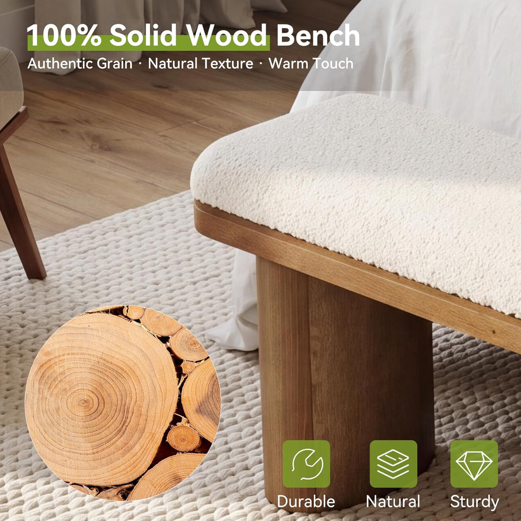 LITTLE TREE 47'' Boucle Upholstered Bench, Modern Solid Fir Entryway Bench with White Boucle Cushion, Farmhouse Wooden Ottoman for Dining Room, Bedroom, Living Room, Brown(Removable Cushion)