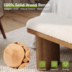 LITTLE TREE 47'' Boucle Upholstered Bench, Modern Solid Fir Entryway Bench with White Boucle Cushion, Farmhouse Wooden Ottoman for Dining Room, Bedroom, Living Room, Brown(Removable Cushion)